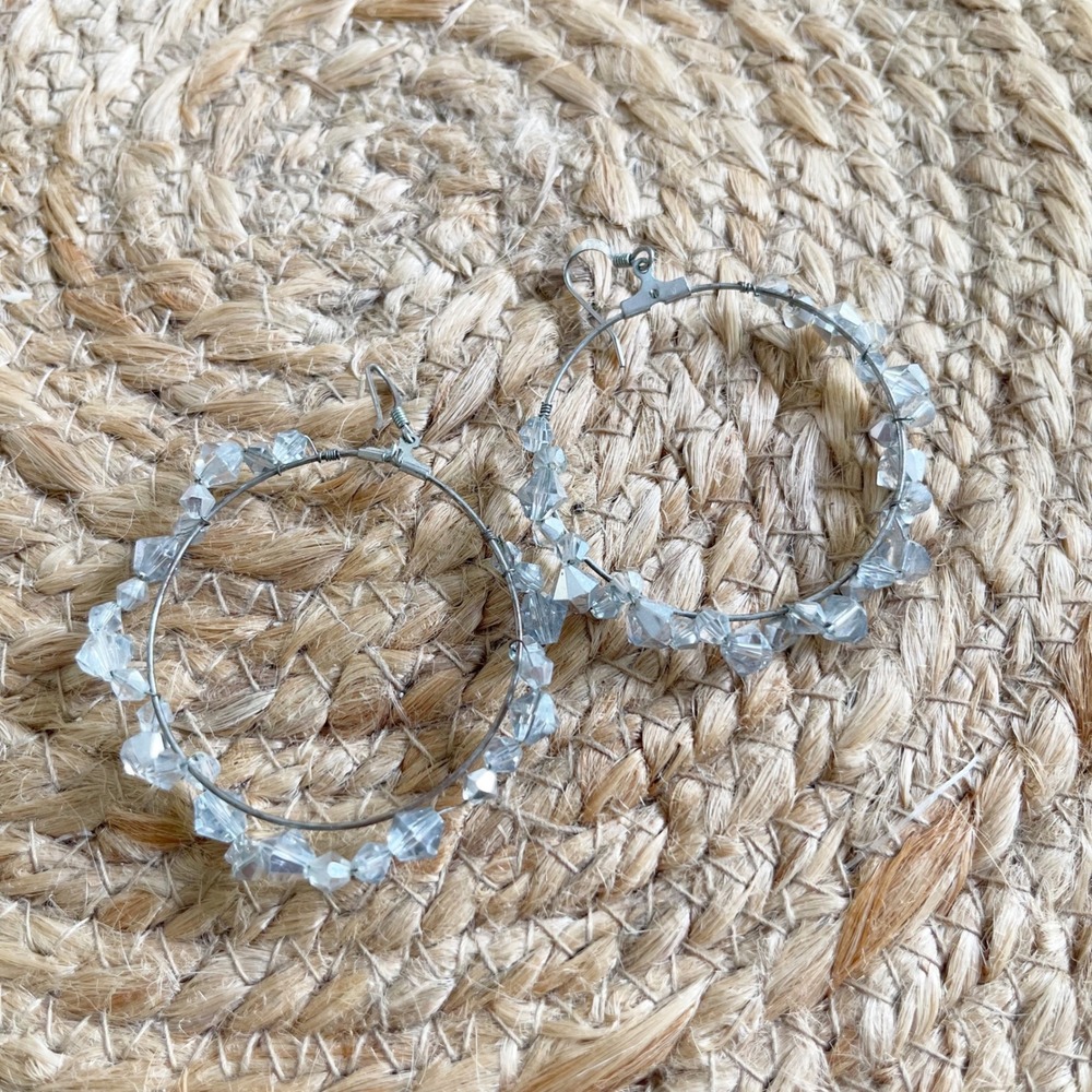 Handmade Silver Wire Wrapped Light Blue Crystal Hoop Earrings Boho Latch Back